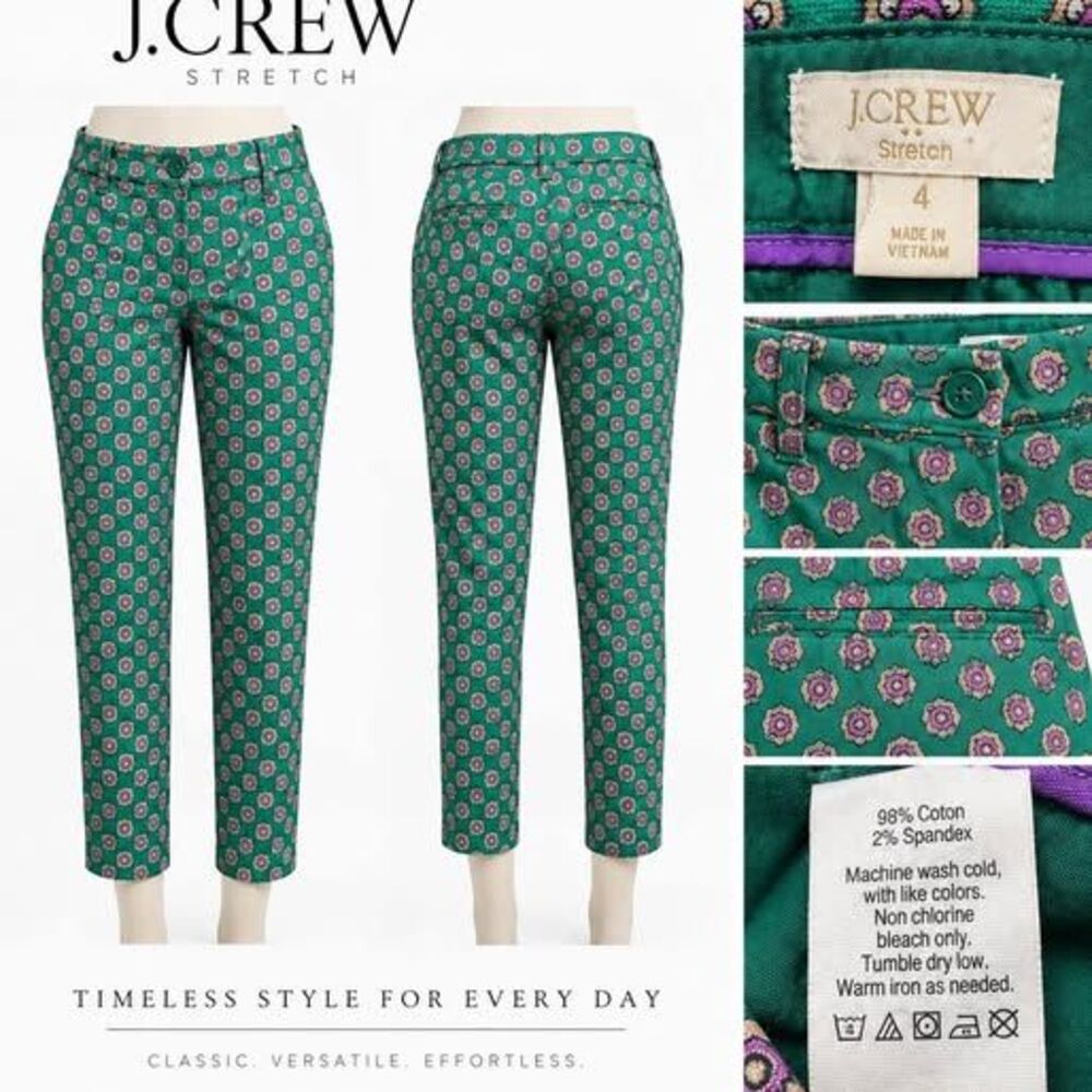 J.Crew Stretch Green Purple Medallion Print Pants Size 4 Cotton Ankle
